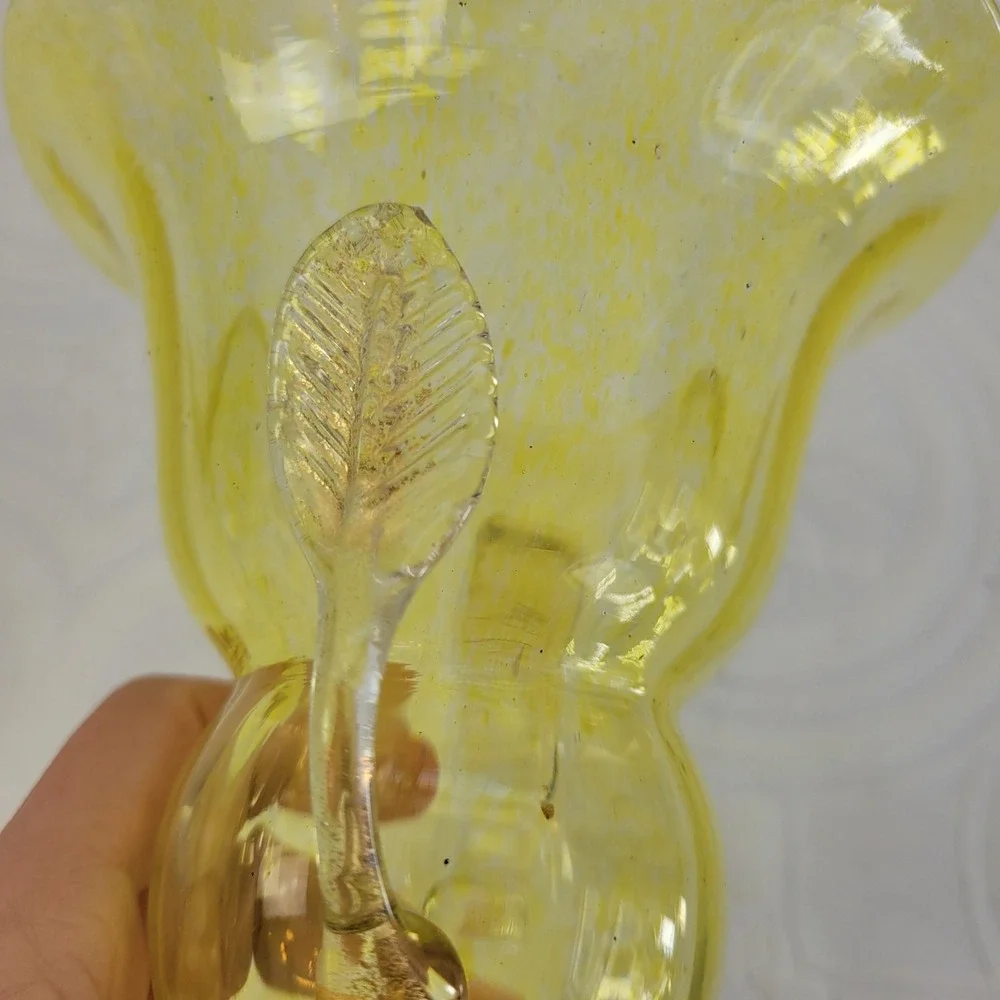 Vintage Yellow Blown Glass Trophy‎ Vase MCM Clear Leaf Handles 6.75in Art Glass